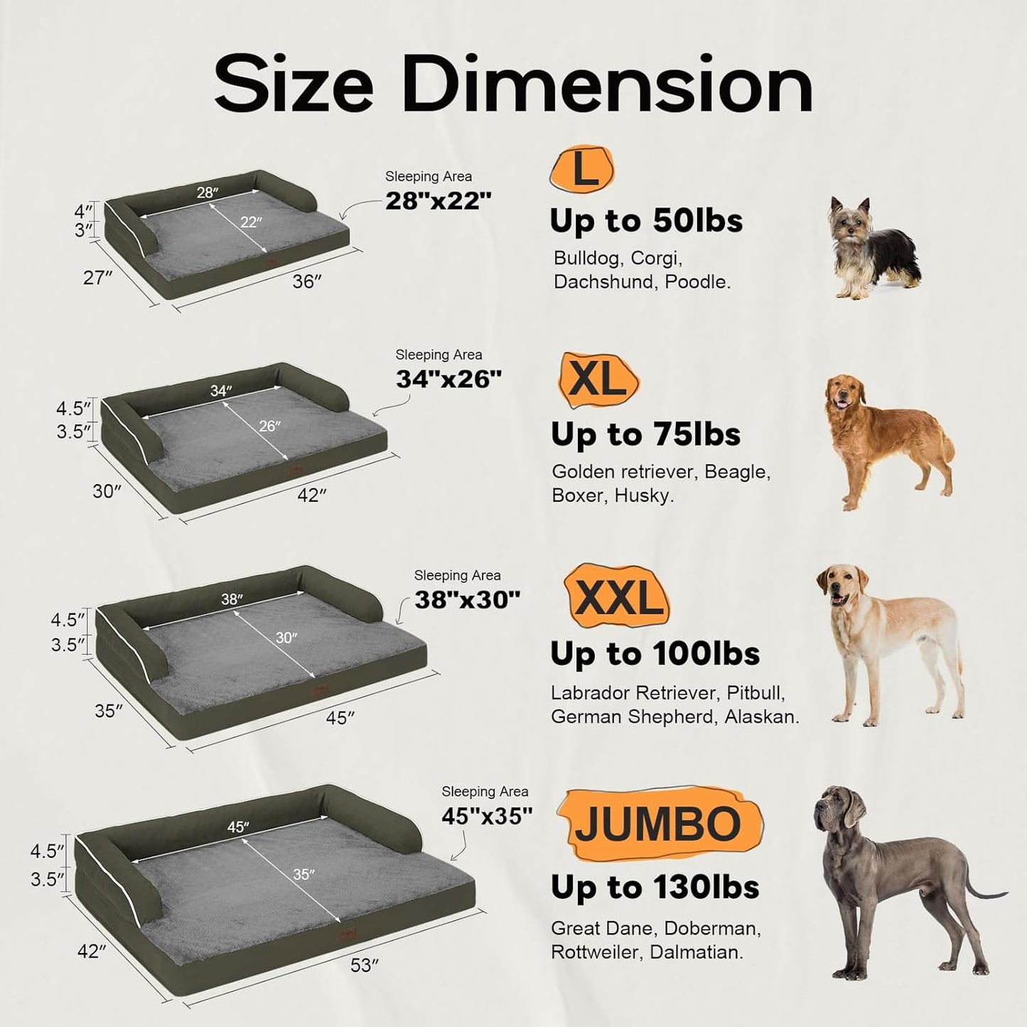 Large Dog Bed Orthopedic Washable - Removable Waterproof Cover Bed Pet - Large Big Dogs - Memory Foam - Couch Sofa with Removable Bolster - Dark Green Dog Bed