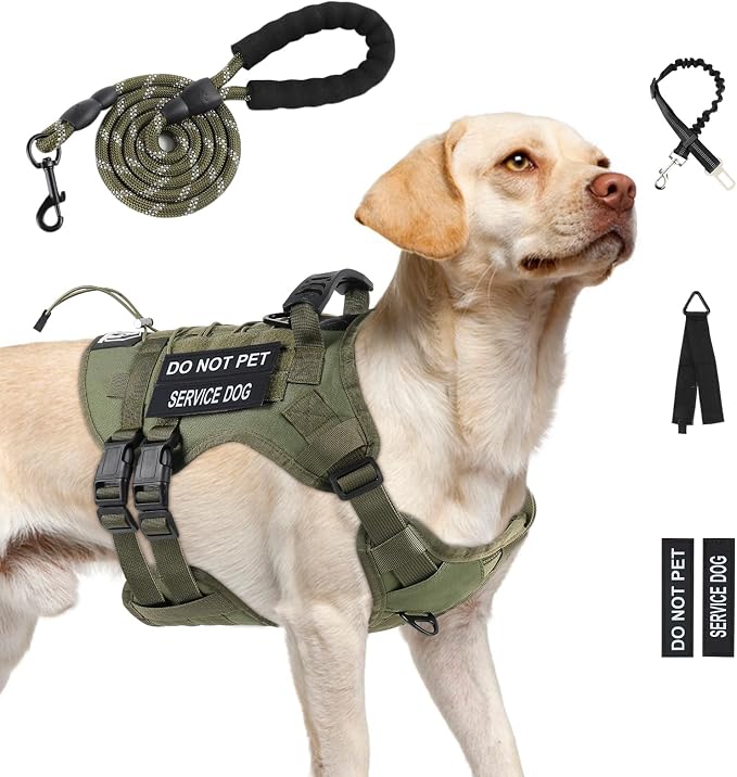 No Pull Tactical Dog Harness for Large Dogs, Service Dog Vest, L, Green | Tactical Dog Vest Harness and Leash Set, Adjustable Military Service Dog Harness with Handle for Medium Large Dogs