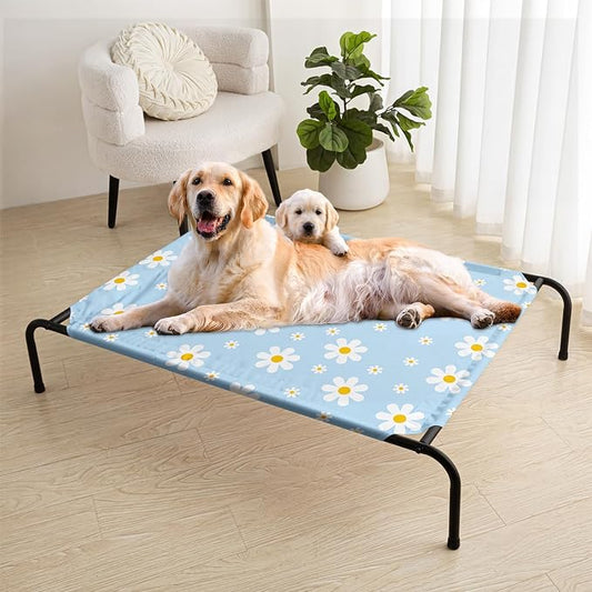 Blue Daisy Pattern Orthopedic Elevated Dog Pet Bed(35"X25"X8"),with Metal Frame,Printing Breathable Waterproof Dog Kennel,Sleeping Bed Set for Small Medium Large Dogs Cats,for Home,Outdoor Use