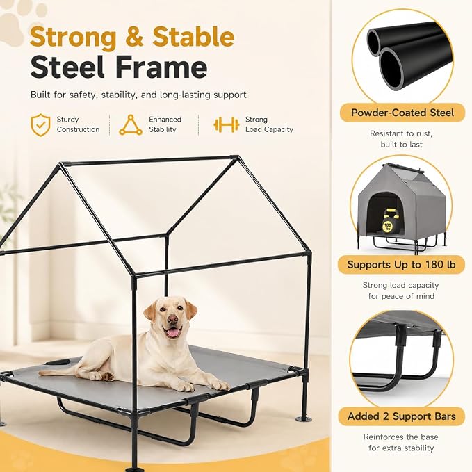 Erinnyees 48" Large Dog House Outdoor for Large Dogs, 2-in-1 Waterproof Dog House & Elevated Dog Bed with Removable Canopy, Breathable Mesh Windows, Steel Frame Dog Tent for Patio Backyard Camping