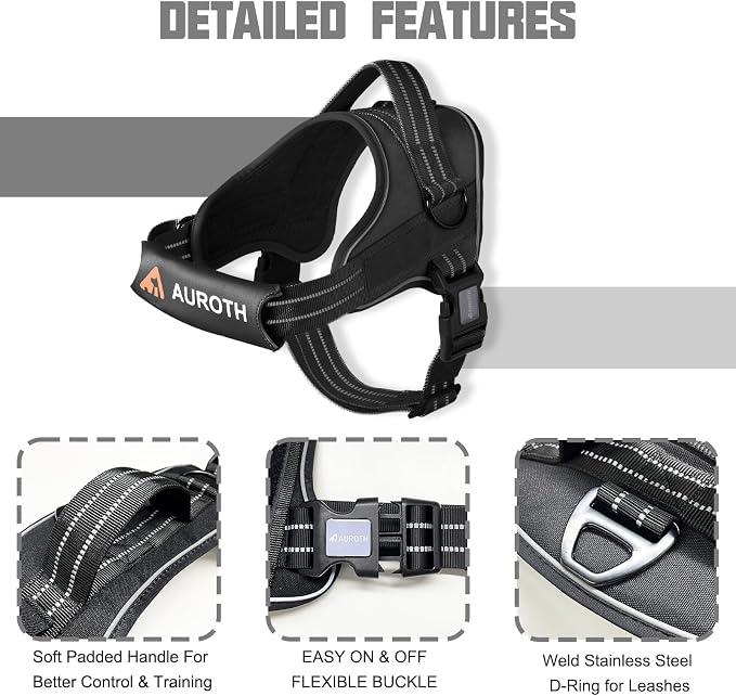 AUROTH Dog Harness for Large Dogs No Pull Tactical Harness and Leash Set | with Leash Clips, LED light clip, Breathable Mesh Padded No Choke, Easy Walking and Training, Black, Large