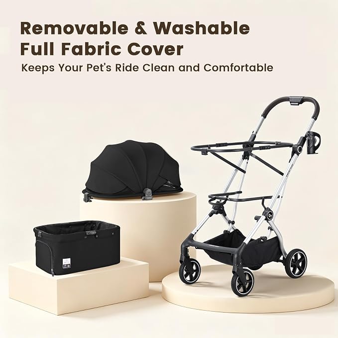 T4 Max Pet Stroller Dog Cat Stroller for Small Medium Dogs Cats, 4 Wheels Travel Folding Carrier Waterproof Puppy Stroller with Pad, Canopy and Cup Holder (T4 Max Black)