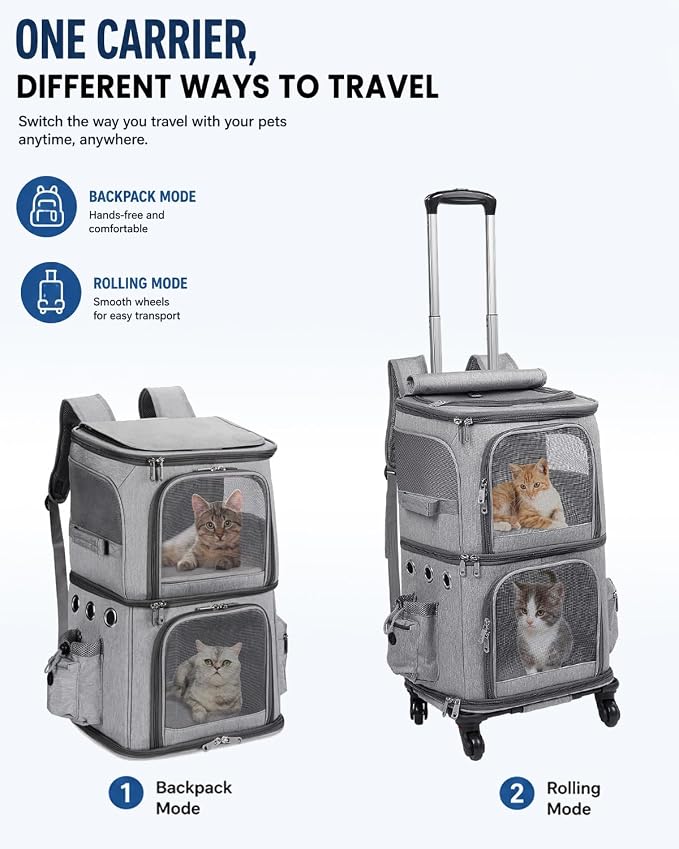 HOVONO Double-Compartment Cat Carrier Backpack with Wheels for 2 Pets, XL | 2-in-1 Cat Rolling Carrier for Small Cats & Dogs up to 32 lbs, Perfect for Traveling / Walking / Vet, Grey