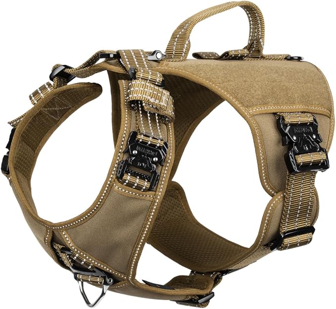 ICEFANG Quick-Moving Tactical Dog Harness X-Large Dogs,No Pull Dog Vest | Control Handle,Reflective,Full Metal Buckles,Adjustable,Hook-and-Loop Panel,Soft Padded,Brown,X-Large