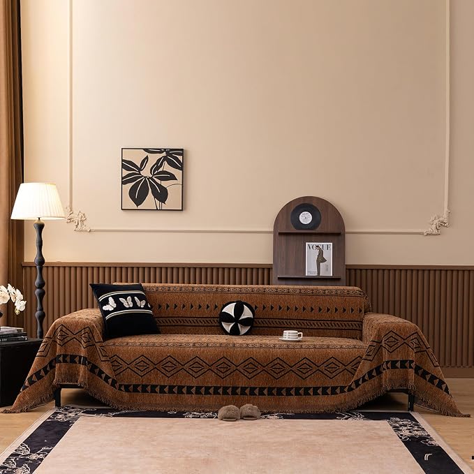 VClife Bohemian Couch Cover for Dog, Plush Thick Chenille Aztec Couch Cover for 3-4 Cushion Couch Sofa Pet Friendly Sofa Slipcover with Tassel 71"X150"