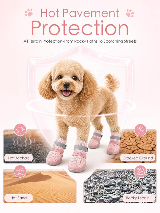 BECEMURU Dog Shoes for Summer, Double-Straps Anti-Slip Dog Boots & Paw Protectors for Hot Pavement, Breathable & Light Weight Outdoor Walking Hiking Pink Size 2