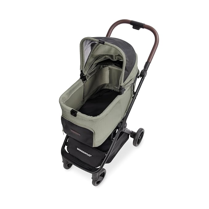 WonderFold Bella Pet Stroller - Autofold Design with Lightweight Aluminum Frame, Breathable Carriage Fabrics and Canopy, Safety Tethers & Easy-Clean Interior - Moss