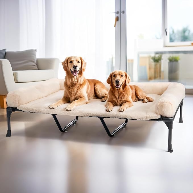 Veehoo Elevated Dog Beds Large Sized Dog with Fluffy Plush Bolster Cushion | Orthopedic Raised Dog Beds for Indoor Outdoor, Soft Pet Sofa Cot with Removable Washable Mat, No-Slip Feet, 59" x 37", White