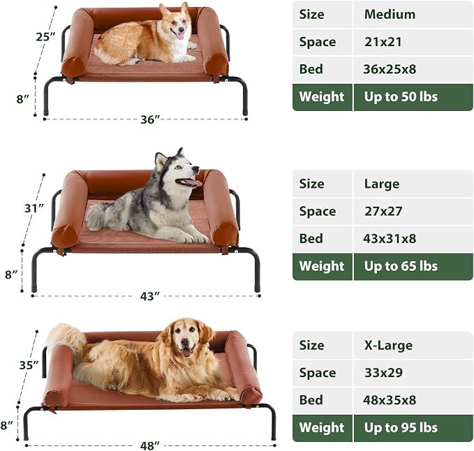Cooling Elevated Dog Bed for Large Dogs – Waterproof Raised Dog Cot with Slope Headrest, Breathable Teslin Mesh, Durable & Portable Pet Bed for Indoor and Outdoor Use, Caramel