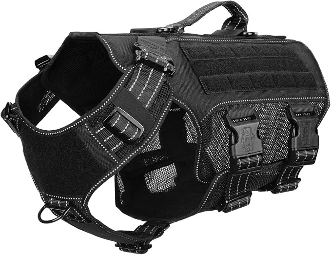 ICEFANG Tactical Mesh Dog Harness for Large Dogs,Reflective Dog Molle Vest | Summer-Cooling, Control Handle,Adjustable,Front Hook,3 Leash Clips,Soft Padded,No Pull,Black,Large