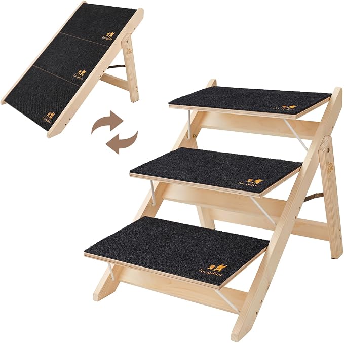 Luciphia Wooden 2-in-1 Dog Stairs, 3-Step Foldable Anti-Slip Pet Steps | For beds, cars, and couch, supports up to 220lbs, ideal for small, aged, and injured dogs and cats, indoor and outdoor use