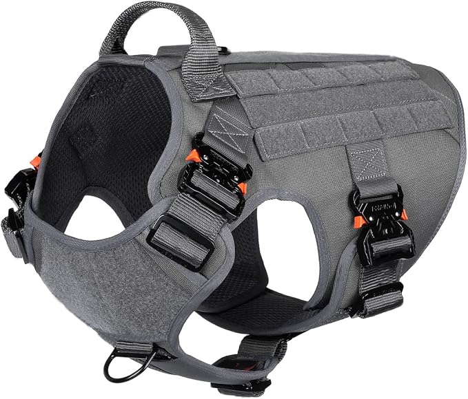 ICEFANG Tactical Dog Harness for X-Large Dogs,Full Metal Buckles Dog Vest | with MOLLE, Reflective,Adjustable,2 Leash Clips,Control Handle,No Pull,Soft Padded,Grey,X-Large