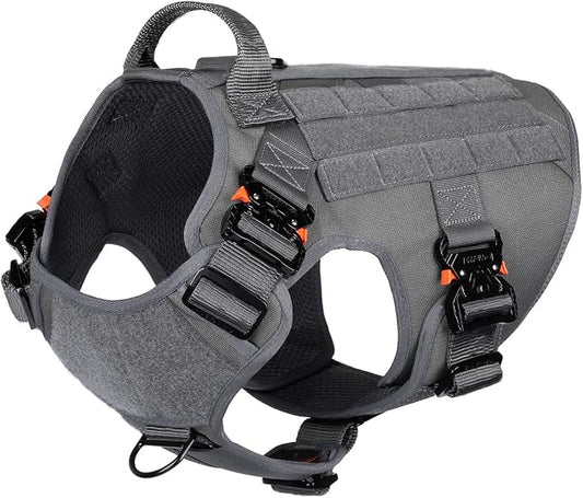 ICEFANG Tactical Dog Harness for X-Large Dogs,Full Metal Buckles Dog Vest | with MOLLE, Reflective,Adjustable,2 Leash Clips,Control Handle,No Pull,Soft Padded,Grey,X-Large