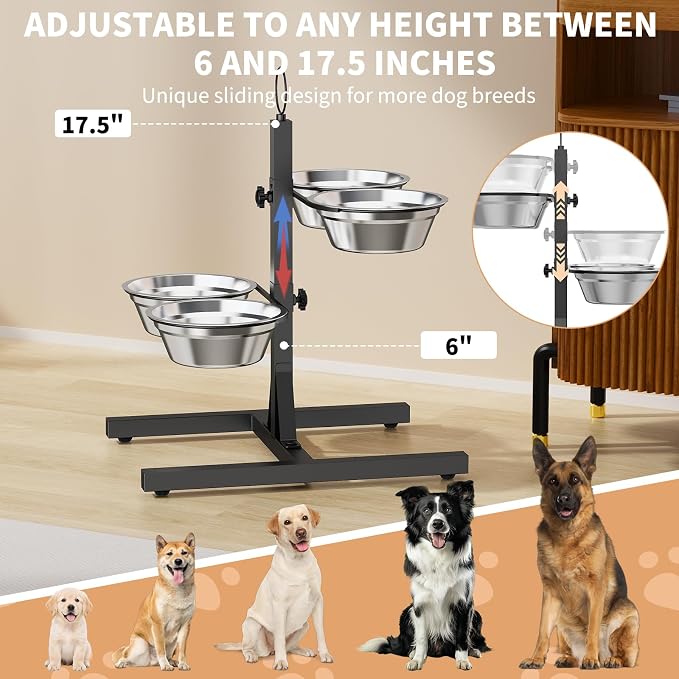 Elevated Dog Bowls with 2 Feeding Platforms for Medium/Large/Multi-Dogs, 6-17.5” Any-Height Adjustable Tall Feeding Station, Raised Food and Water Bowl Stand, 4 * 41oz Bowl