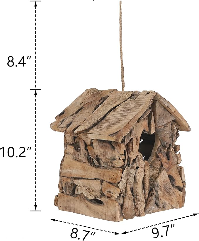Wood Bird House Squirrel House with 2.36" Heart-Shaped Entry & Hanging Rope, Artistic Cottage-Style Outdoor Bird Feeder Garden Decoration