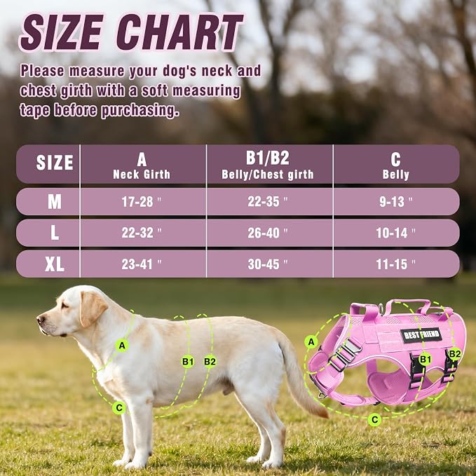 Air Mesh Tactical Dog Harness with Metal Buckles&MOLLE,Pink Large | Breathable Adjustable No Pull Service Dog Vest with 3 Padded Handles,Military Dog Harness for Training Hiking Hunting Working