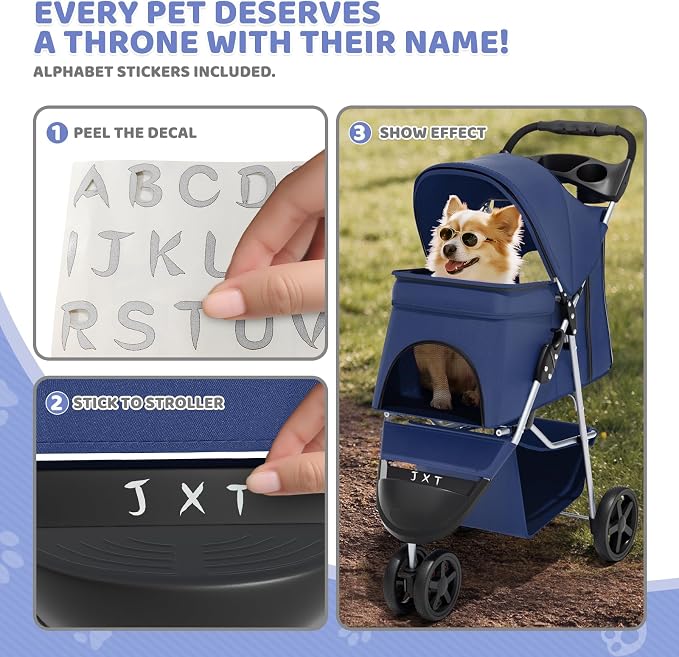 Magshion 3-Wheel Pet Stroller, Foldable Travel Jogger for Small & Medium Dogs & Cats (Up to 33lbs), Lightweight Carrier with Breathable Mesh Cover, Cup Holder & Storage Basket, Navy Blue