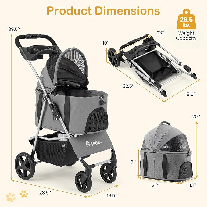 PETSITE 3-in-1 Pet Stroller for Small Medium Dogs, One-Click Foldable Dog Stroller with Detachable Carrier, Cup Holder & Storage Basket, Safety Leash, One-Step Rear Brake, Breathable Window (Grey)