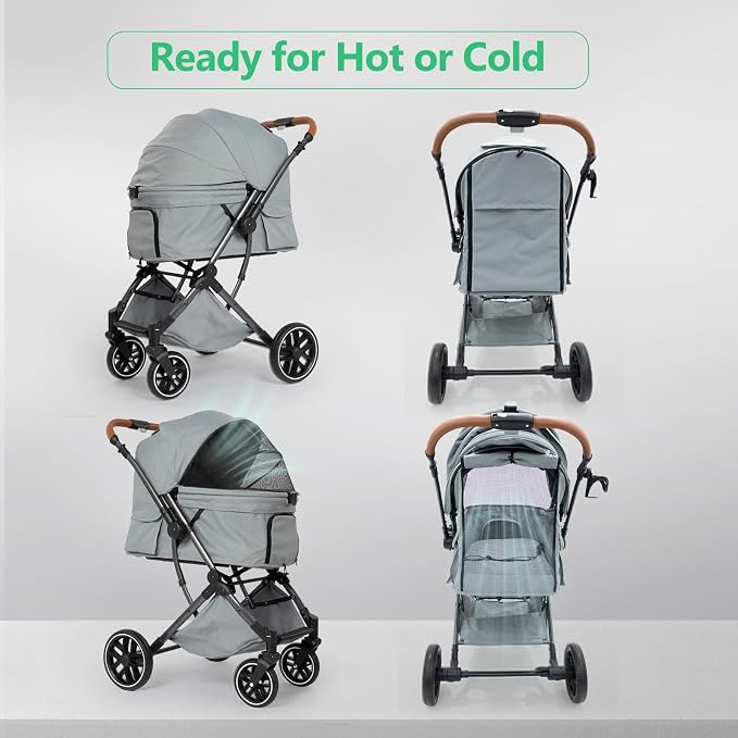 Pet Stroller for Small Medium Dogs Cats Up to 50 lbs,4 Wheels One-Click Folding Pet Stroller with Reversible Handle, All-Weather Convertible Canopy (Grey)