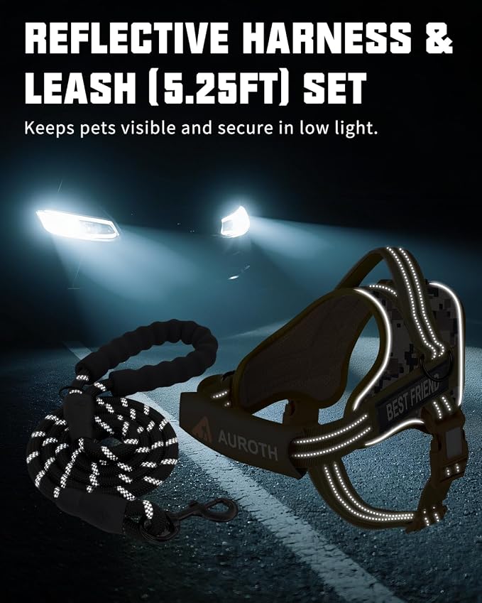 AUROTH Dog Harness for Large Dogs No Pull Tactical Harness and Leash Set | with Leash Clips, LED light clip, Breathable Mesh Padded No Choke, Easy Walking and Training, Desert Camo, Large