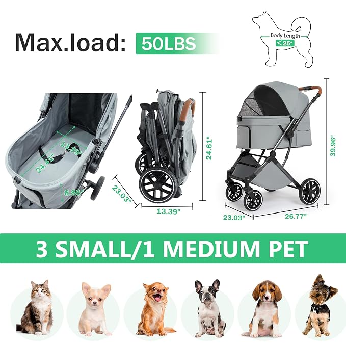 Pet Stroller for Small Medium Dogs Cats Up to 50 lbs,4 Wheels One-Click Folding Pet Stroller with Reversible Handle, All-Weather Convertible Canopy (Grey)