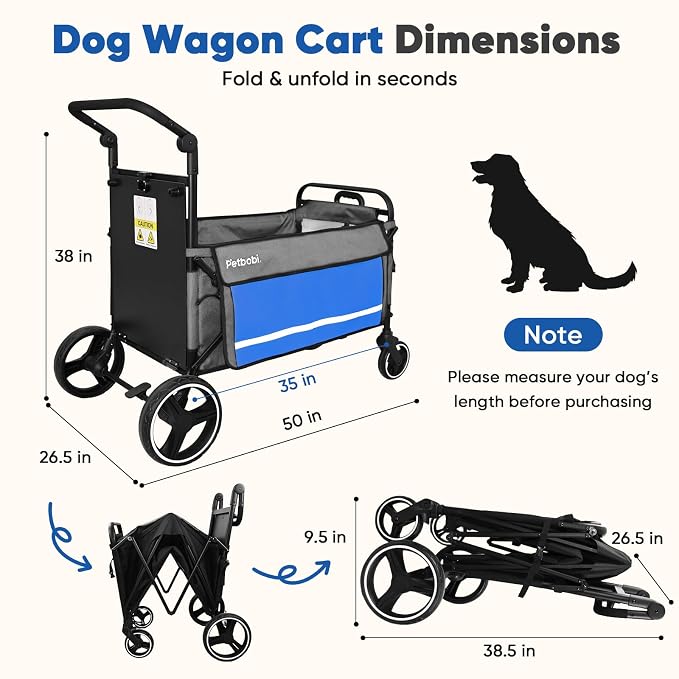 Petbobi Dog Wagon for Large Dogs, Push & Pull Foldable Pet Cart with Ramp | Fits Medium & Heavy Breeds Up to 80 lbs, 360° Swivel Stroller Wheels, Adjustable Handle, Foot Brake, Safety Leashes, Blue