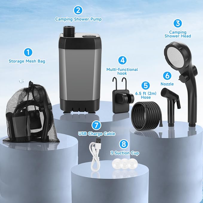 vignuto Portable Shower for Camping, Rechargeable Camping Shower Pump with LED Display of Battery Level and Temperature