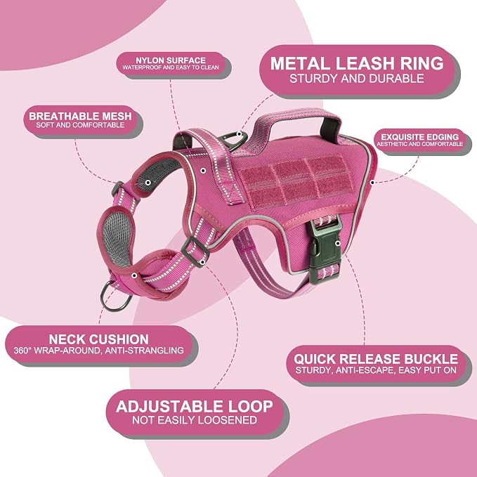 Dog Harness, Tactical No Pull for Small Sized Dog with Handle | Breathable Soft Padded, Adjustable, Reflective, Molle System, Heavy Duty, No Choke for Walking Training, Pink Small