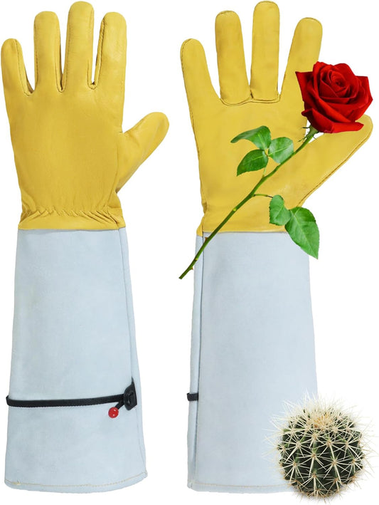 HANDLANDY Rose Gloves for Men & Women, Long Leather Gardening Gloves Thorn Proof, Best Garden Gifts & Tools for Gardener (Yellow-beige, X-Large (Pack of 1))