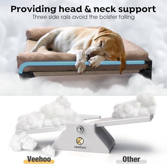 Veehoo Outdoor Elevated Dog Bed-Cooling Raised Dog Cot for Large Sized Dogs | Three-Sided Fence Raised Pet Cot with Mesh & No-Slip Feet Dog Hammock Bed with Removable Bolster-41" x 27" Beige