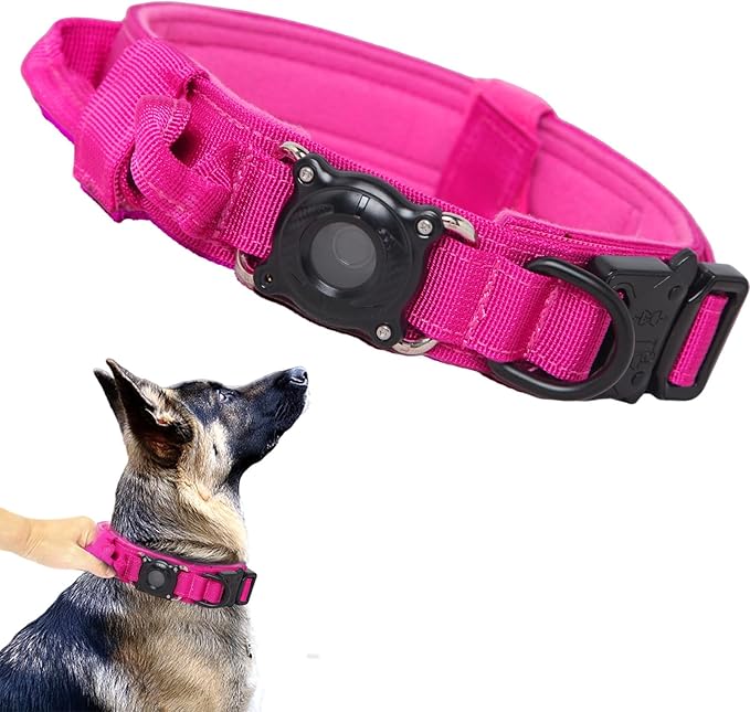 AirTag Dog Collar for Large Dogs Tactical Dog Collar with AirTag Holder | Upgrade Waterproof,Control Handle,Quick-Release Metal Buckle,1000D Nylon Fabric,Soft-Padded Webbing,Velcro Patch(Rose Red,L)