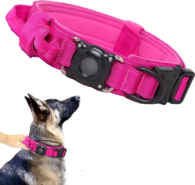 AirTag Dog Collar for Large Dogs Tactical Dog Collar with AirTag Holder | Upgrade Waterproof,Control Handle,Quick-Release Metal Buckle,1000D Nylon Fabric,Soft-Padded Webbing,Velcro Patch(Rose Red,M)