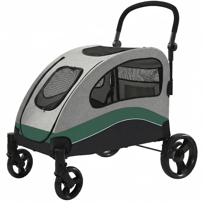 Garvee Extra Large Dog Stroller with Steel Pipe Frame, Wheels, Brakes, Shock Absorption, Foldable Design - Green