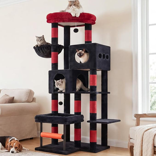 Hey-brother Cat Tree, 68.5 inch Cat Tower with L-Shaped Extended Base, Multi-Level Furniture with 2 Spacious Candos, 2 Platforms, 11 Scratching Posts, Hammock and Toy Ball,Black and Red MPJ086BR