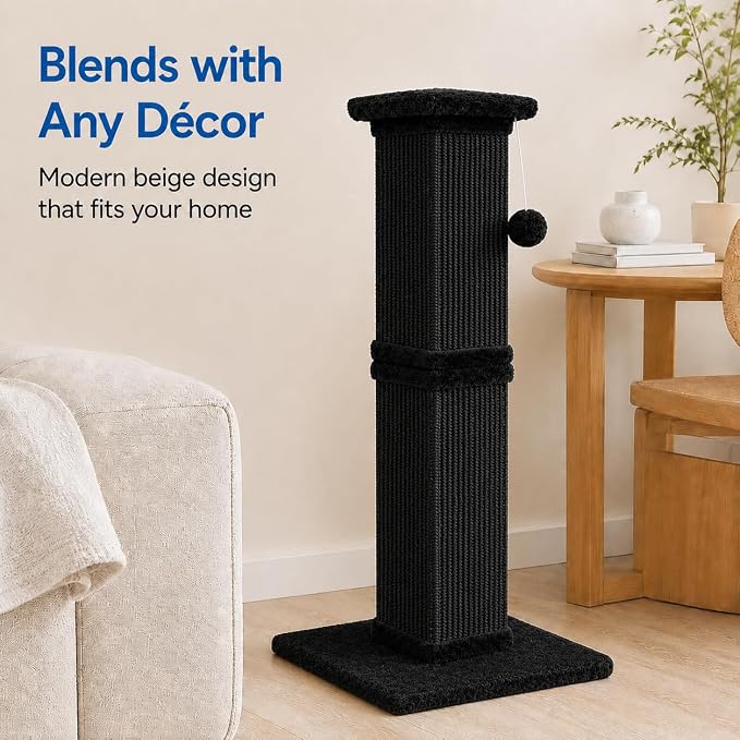 Vertical Cat Scratching Post for Indoor Cats, Sisal Scratch Tower with Soft Plush Base & Ball, 32'' Tall Cat Scratcher Column for Kittens and Adult Cats, Furniture Protection, Full Black