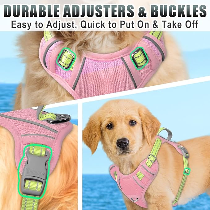 BARKBAY No Pull Dog Harness Large Reflective Dog Harness with Front Clip and Easy Control Handle for Walking Training Running with ID tag Pocket(Baby Pink & Sunlight,XS)