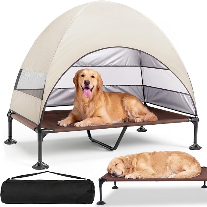 Elevated Outdoor Dog Bed with Canopy, Raised Dog Cot with Stable Adjustable Feet, Dog Camping Bed with Larger Shade, Lifted Dog Tent Bed with Canopy for Outside (Beige, X-Large)