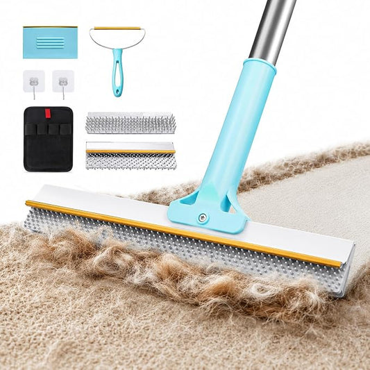 Lazyfeel Pet Hair Remover for Carpet & Upholstery, Adjustable Handle | Double-Sided Rubber Carpet Rake for Dog & Cat Fur. 4-Piece Kit: Rake, Mini Brush, Gap Scraper, Grooming Glove. Reusable.