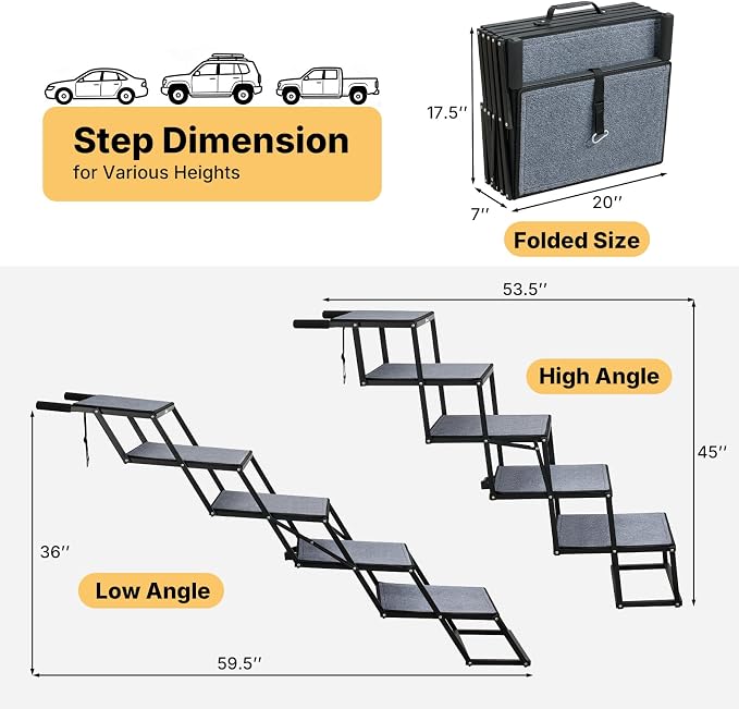 Veehoo Collapsible Dog Stairs for Large Dogs Car Truck SUV, Extra Wide 20" | 5 Steps Pet Ramp for Car Foldable Portable Dog Loader Ramps Ladder Folding Heavy Duty with Non Slip Surface, Up to 200lbs