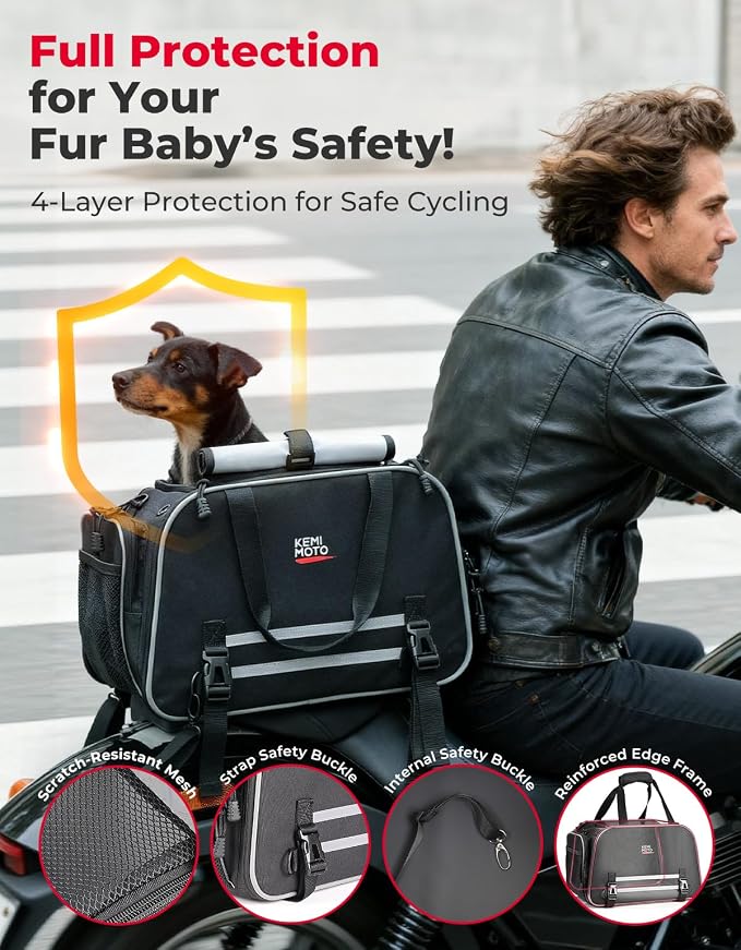 KEMIMOTO Motorcycle Dog Carrier Expandable for Small Dog & Cats Under 17lbs, Fit for Motorcycle Luggage Rack or Passenger Seat, Airline Approved Pet Carrier with Shoulder Strap, Folding & Portable