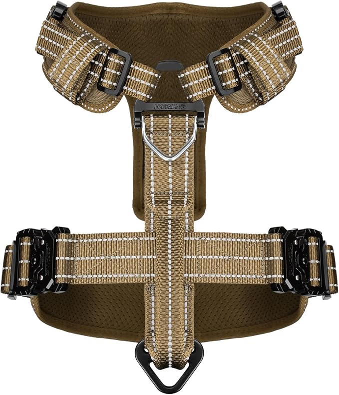 ICEFANG Dog Halter Harness with Metal Buckles,Dog Strap Vest X-Large Dogs | Control Handle,Summer-Cooling,Reflective,Front Hook,Adjustable,Soft Padded,No Pull,Brown,XLarge