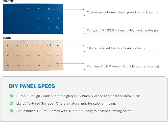 DIY Climbing Wall Panel – 47" x 23.5" Birch Plywood, Pre-Drilled T-Nuts, Textured & Paintable Surface – Indoor Home Gym & Kids Playroom Rock Wall Panel (Climbing Holds Not Included) (Natural)