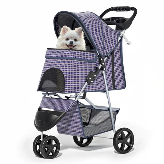 MoNiBloom Pet Stroller for Small/Medium Dogs and Cats up to 33 lbs, Plaid | Foldable 3 Wheels Pet Strolling Cart w/ Storage Basket Weather Cover Cup Holder, Breathable and Visible Mesh for All-Season