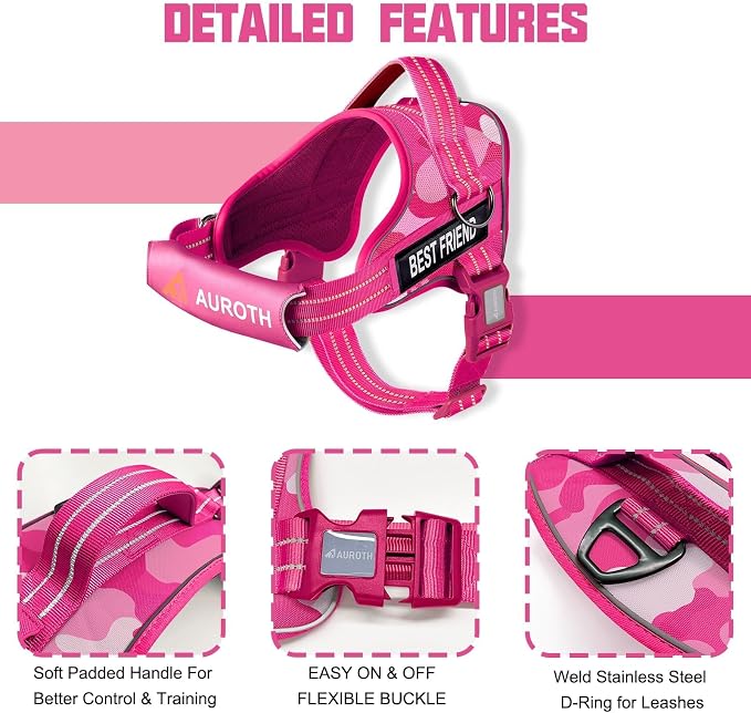 AUROTH Dog Harness and Leash Set for Large Sized Dog, No Pull Dog Vest | with Leash Clips, LED light clip, Soft Padded No Choke, Escape Proof, Easy Walking and Training, Pink Camo, XL