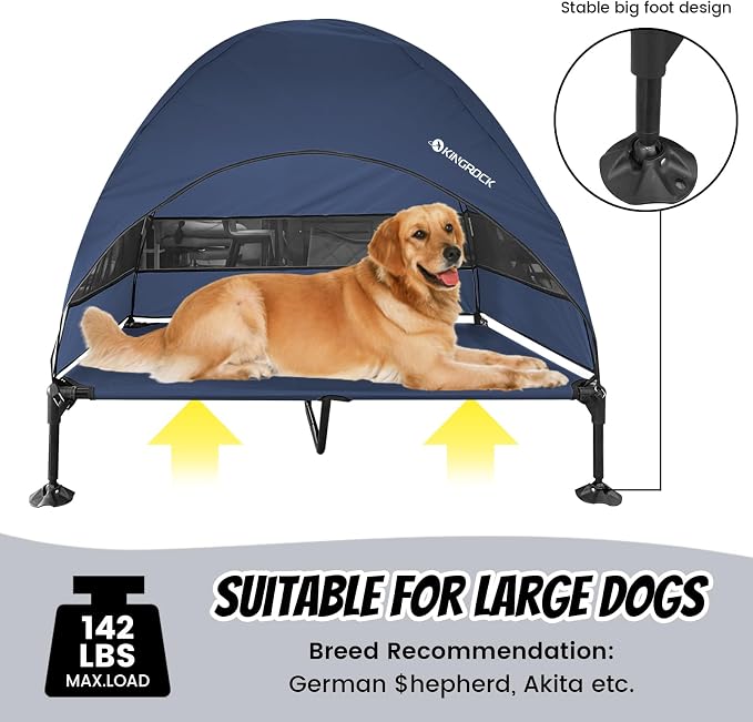 KINGROCK Elevated Dog Bed with Removable Canopy Portable Outdoor Pet Cot Waterproof 600D Oxford Fabric Anti Slip Feet for Large Dogs Camping Beach Indoor and Outdoor Use