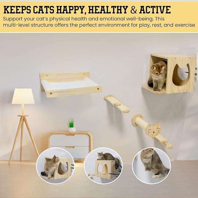 Wall Climber Set – Mounted Shelves and Climbing Bridge for Active Indoor Pets – 6-Piece Furniture Set