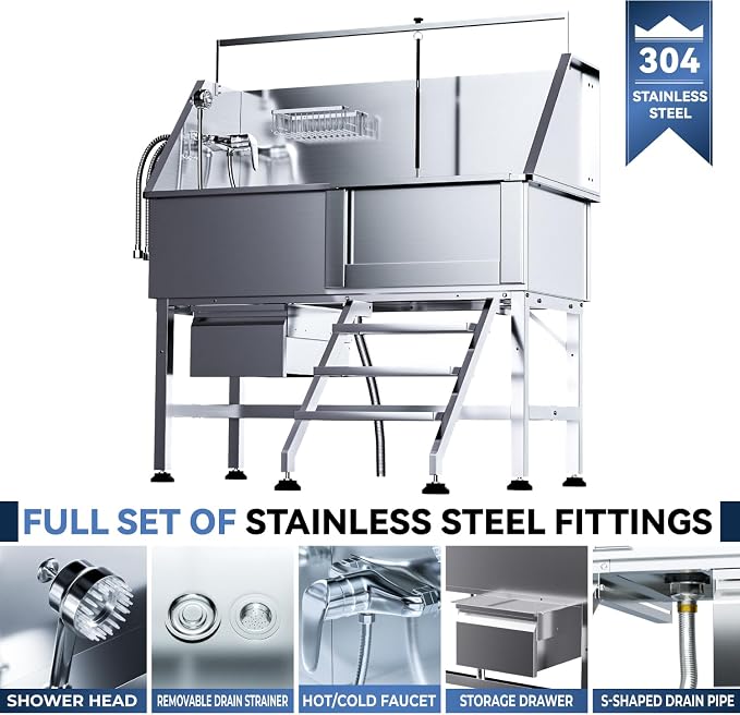 46" Dog Wash Station, 304 Stainless Steel, Side Stair, 440 lb | Storage Drawer, pet grooming tub, hot cold faucet, fixed sprayer, shampoo dispenser, S-trap, hair filter, garage outdoor use