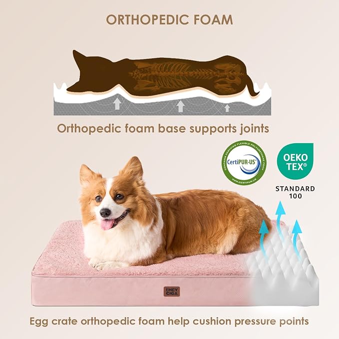 EHEYCIGA Orthopedic Dog Bed Large with Removable Washable Cover, 50IN Pink | Egg Crate Foam Support, Durable Oxford fabric, Non-Slip Bottom, Machine Washable, Soft Waterproof Plush Pet Bed Mat For Crate