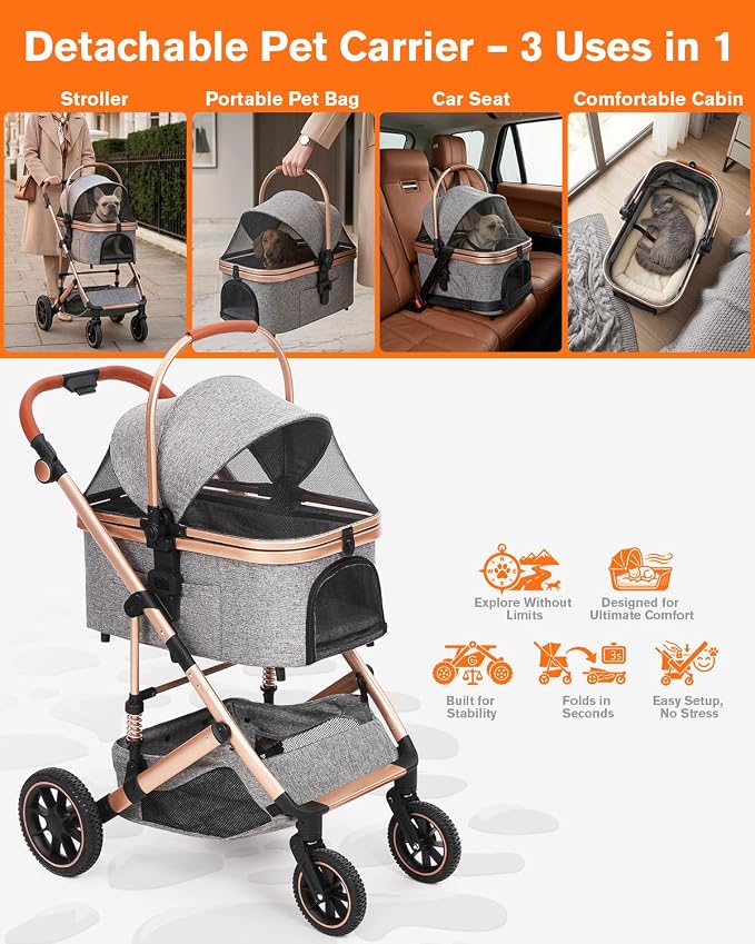 HOVONO Dog Stroller with Detachable Carrier for 2 Pets up to 60 lbs | 3-in-1 Cat Stroller with Lightweight Aluminum, 9.5” Shock-Absorbing Rubber Wheels for All-Terrain, Extra Large Storage Basket