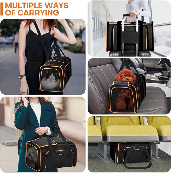 Pet Carrier, Large Soft Sided Expandable Travel Carrier with Steel Frame, Anti-Scratch Mesh, Removable Fleece Pad and Pockets for Cats, Dogs and Small Animals up to 15 lbs (Black, 4 Sides Expandable)
